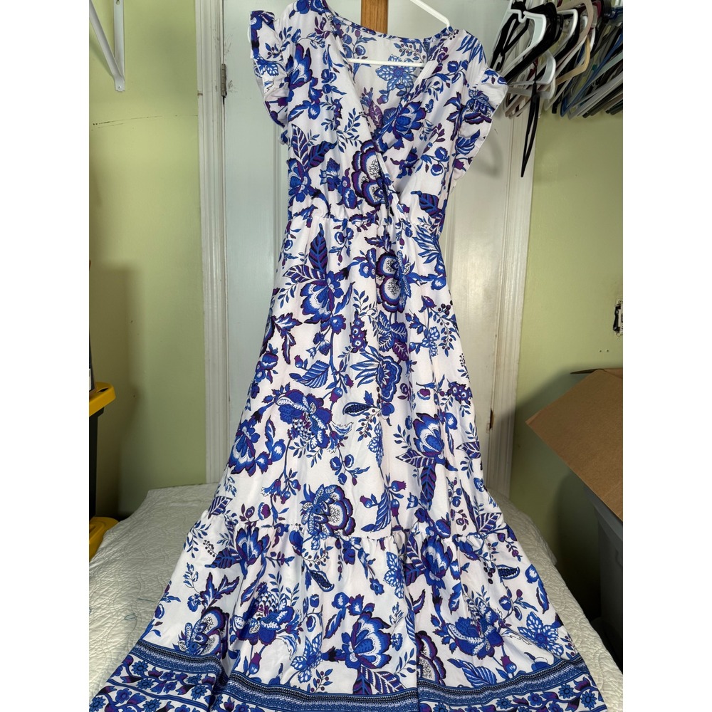 SHEIN Blue Floral Flutter Sleeve Wrap V-Neck Tiered Maxi Dress XL US 12
